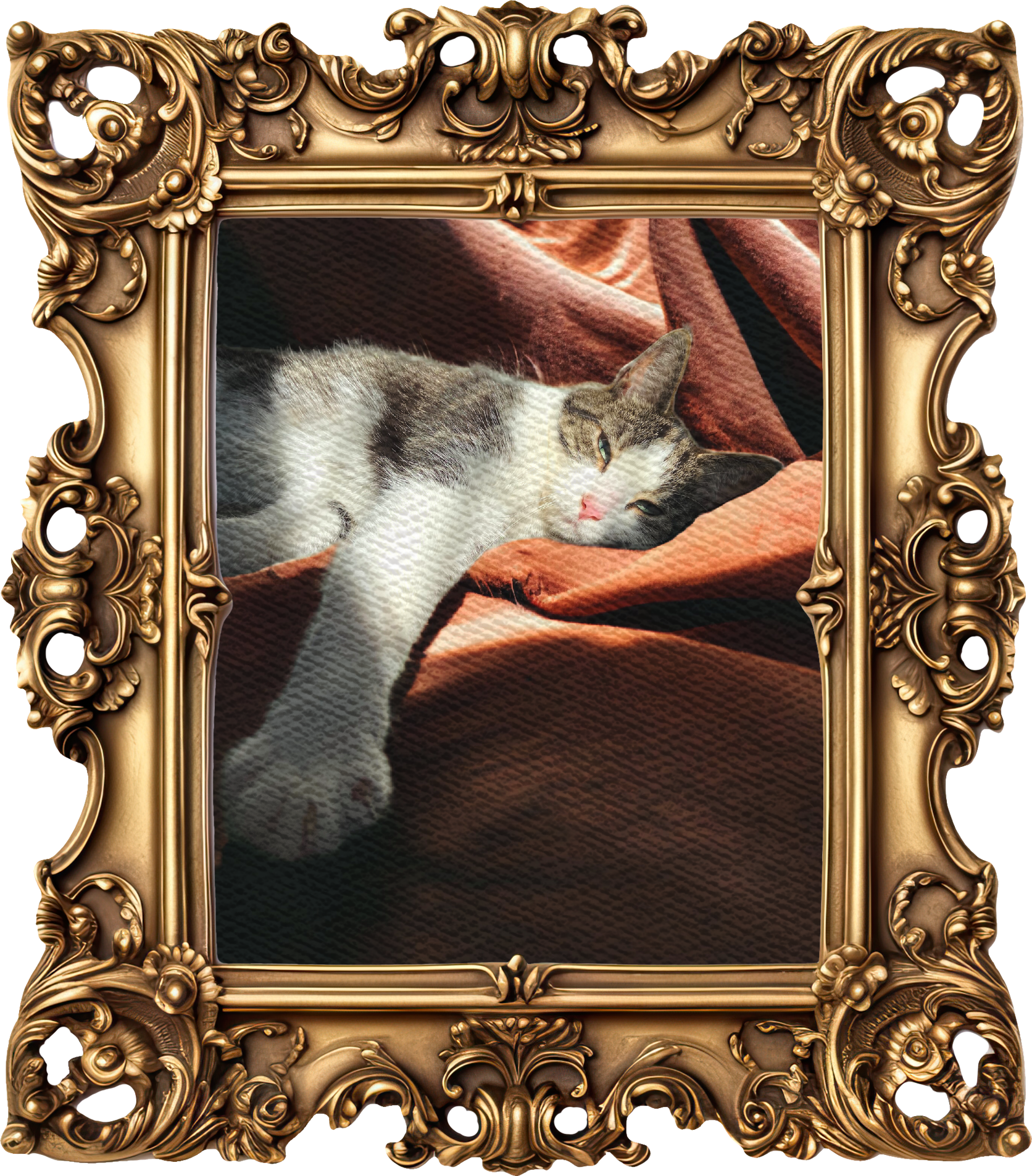 Framed photograph of Elvis, a tabby cat, on a brown velvet background. The sun is reflected on his fur, so the white fur looks as though it is glowing. His pink nose stands out. His arm is outreached showing his claws, but his face looks sleepy.